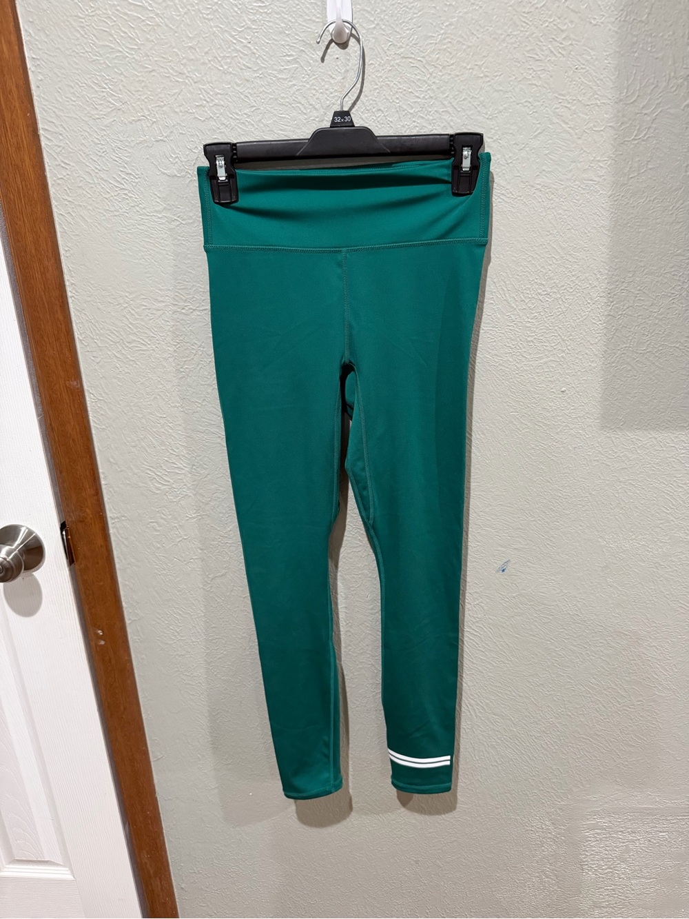 Fabletics Teal Green High-Waist Performance Leggings with White Ankle Stripes